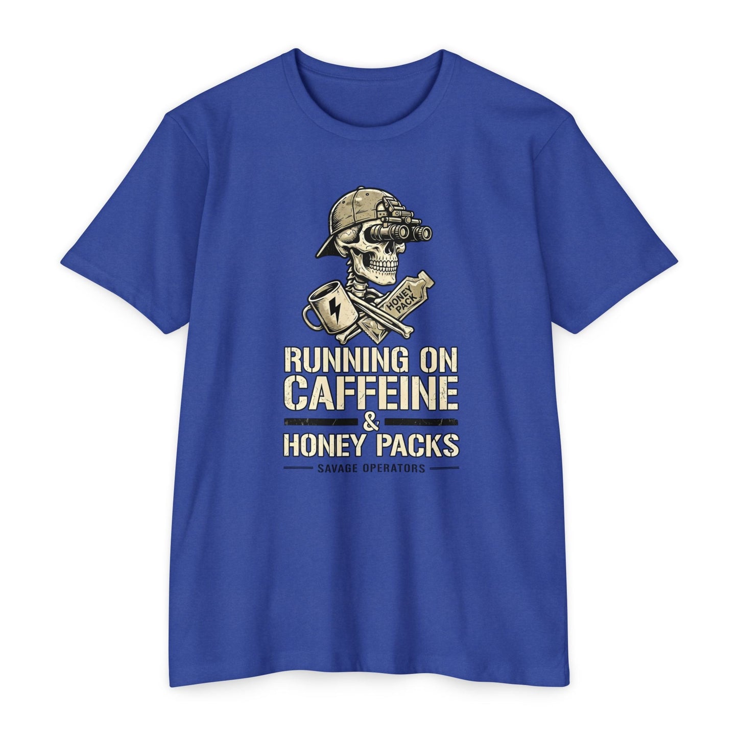 Running on Caffeine & Honey Packs T-Shirt — Military Humor Skull Graphic Tee Front Print - Savage Operators Tactical Tee | T-Shirt | Savage Operators Clothing | Patriotic Apparel | Military Humor | High Quality CVC Royal