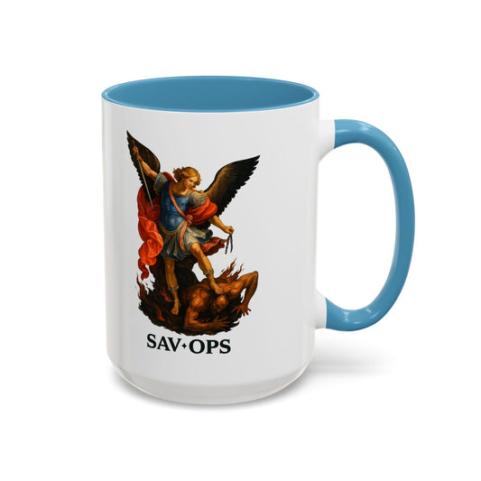 Saint Michael Archangel Coffee Mug — SAV•OPS Accent 16oz - Savage Operators Tactical Tee | Mug | Savage Operators Clothing | Patriotic Apparel | Military Humor | High Quality 15oz