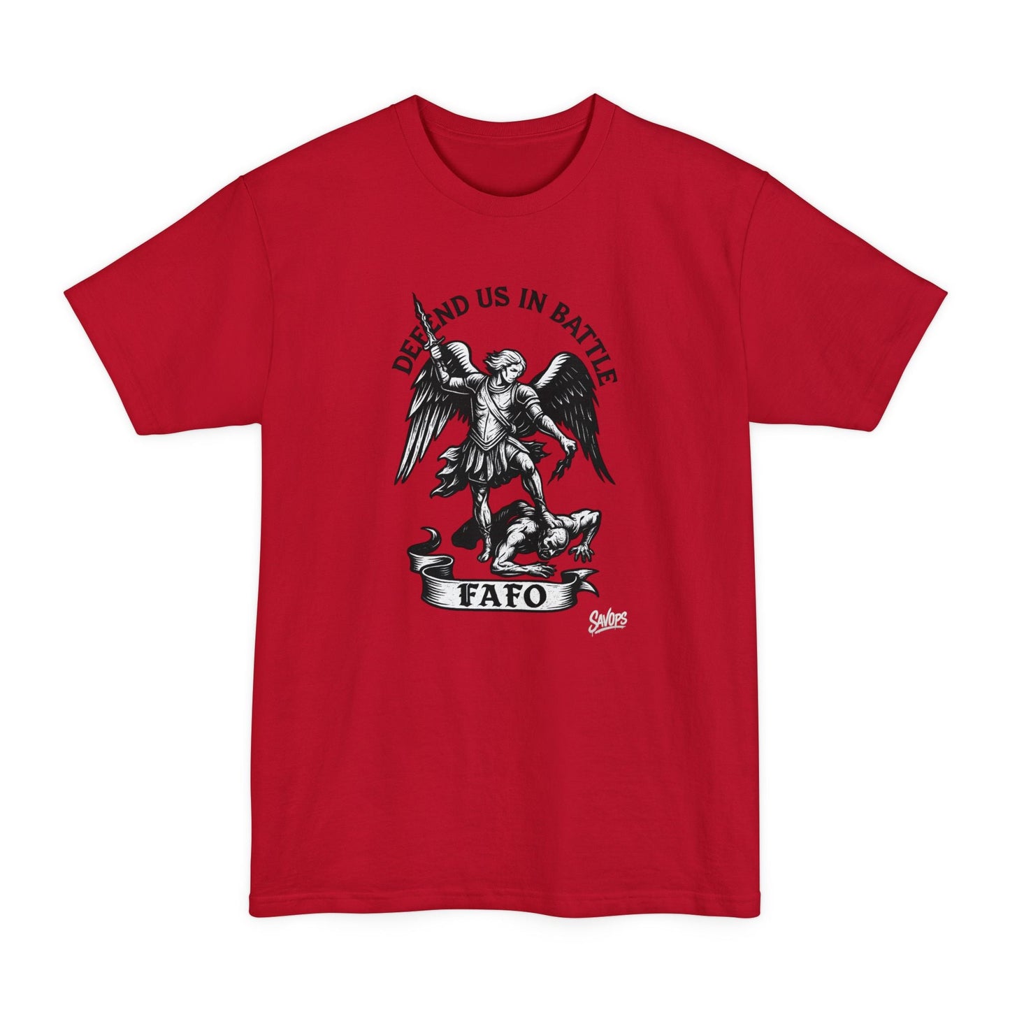 Saint Michael 'Defend Us in Battle' T-Shirt - XLT - Savage Operators Tactical Tee | T-Shirt | Savage Operators Clothing | Patriotic Apparel | Military Humor | High Quality Deep Red