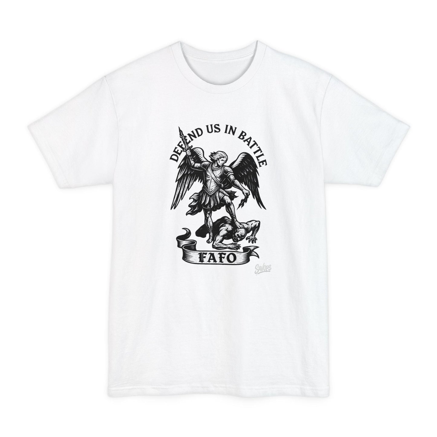 Saint Michael 'Defend Us in Battle' T-Shirt - XLT - Savage Operators Tactical Tee | T-Shirt | Savage Operators Clothing | Patriotic Apparel | Military Humor | High Quality White