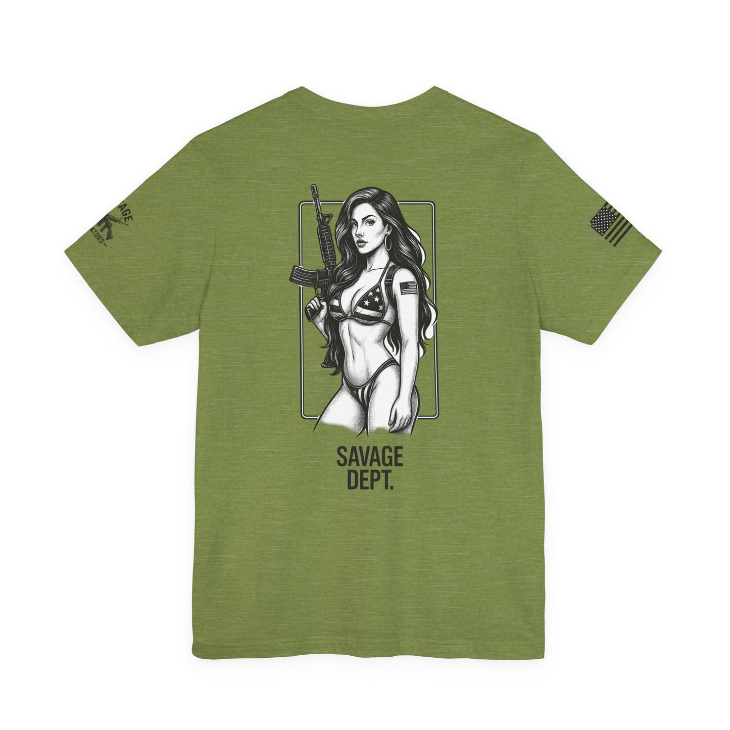 Savage Dept. Pin - Up Tee – Tactical Bikini Girl Shirt for Gun Guys, Patriots, and Alpha Rebels with Attitude - Savage Operators Tactical Tee | T-Shirt | Savage Operators Clothing | Patriotic Apparel | Military Humor | High Quality Military Green