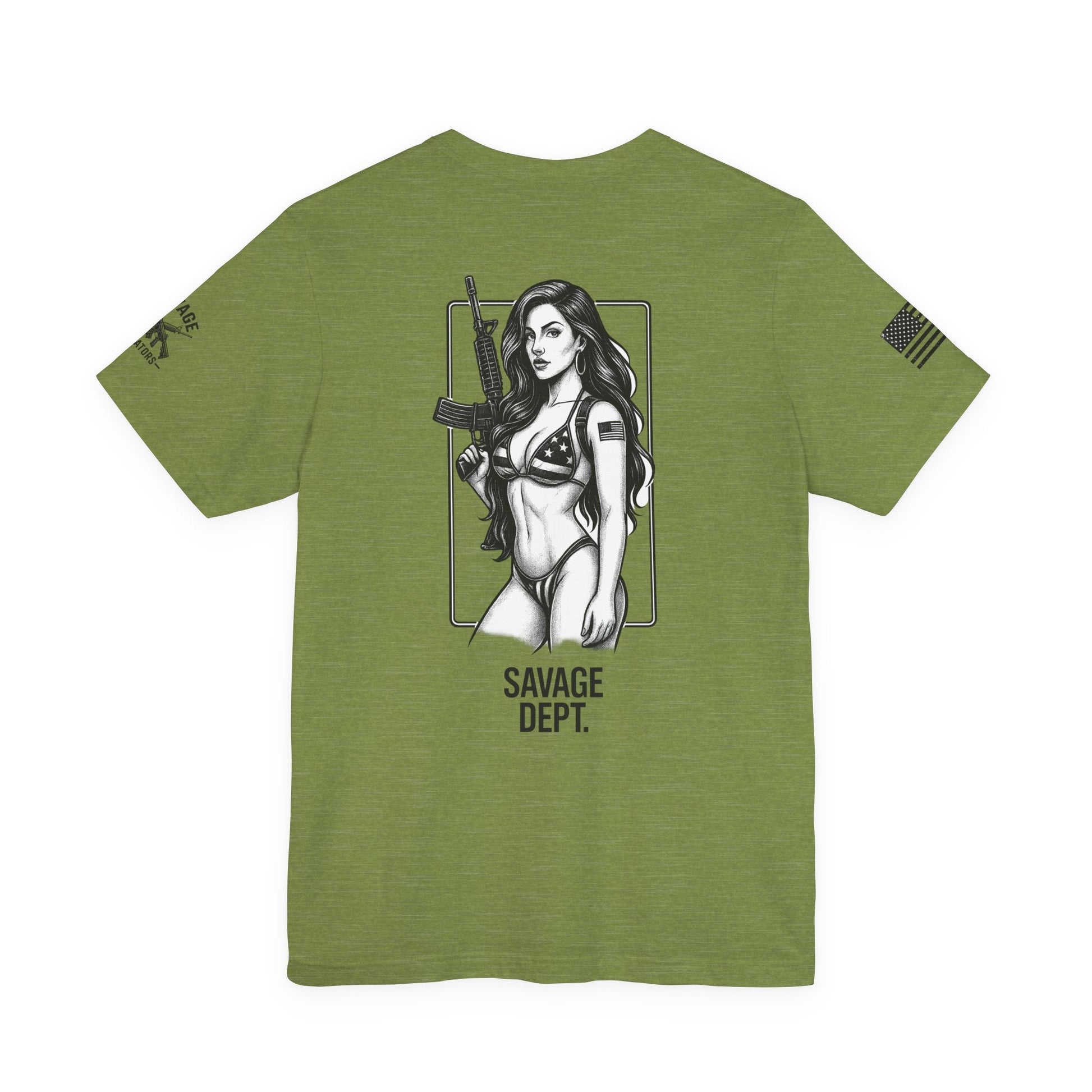 Savage Dept. Pin - Up Tee – Tactical Bikini Girl Shirt for Gun Guys, Patriots, and Alpha Rebels with Attitude - Savage Operators Tactical Tee | T-Shirt | Savage Operators Clothing | Patriotic Apparel | Military Humor | High Quality Military Green