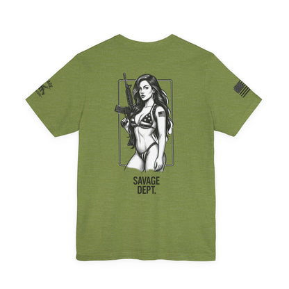 Savage Dept. Pin - Up Tee – Tactical Bikini Girl Shirt for Gun Guys, Patriots, and Alpha Rebels with Attitude - Savage Operators Tactical Tee | T-Shirt | Savage Operators Clothing | Patriotic Apparel | Military Humor | High Quality Military Green