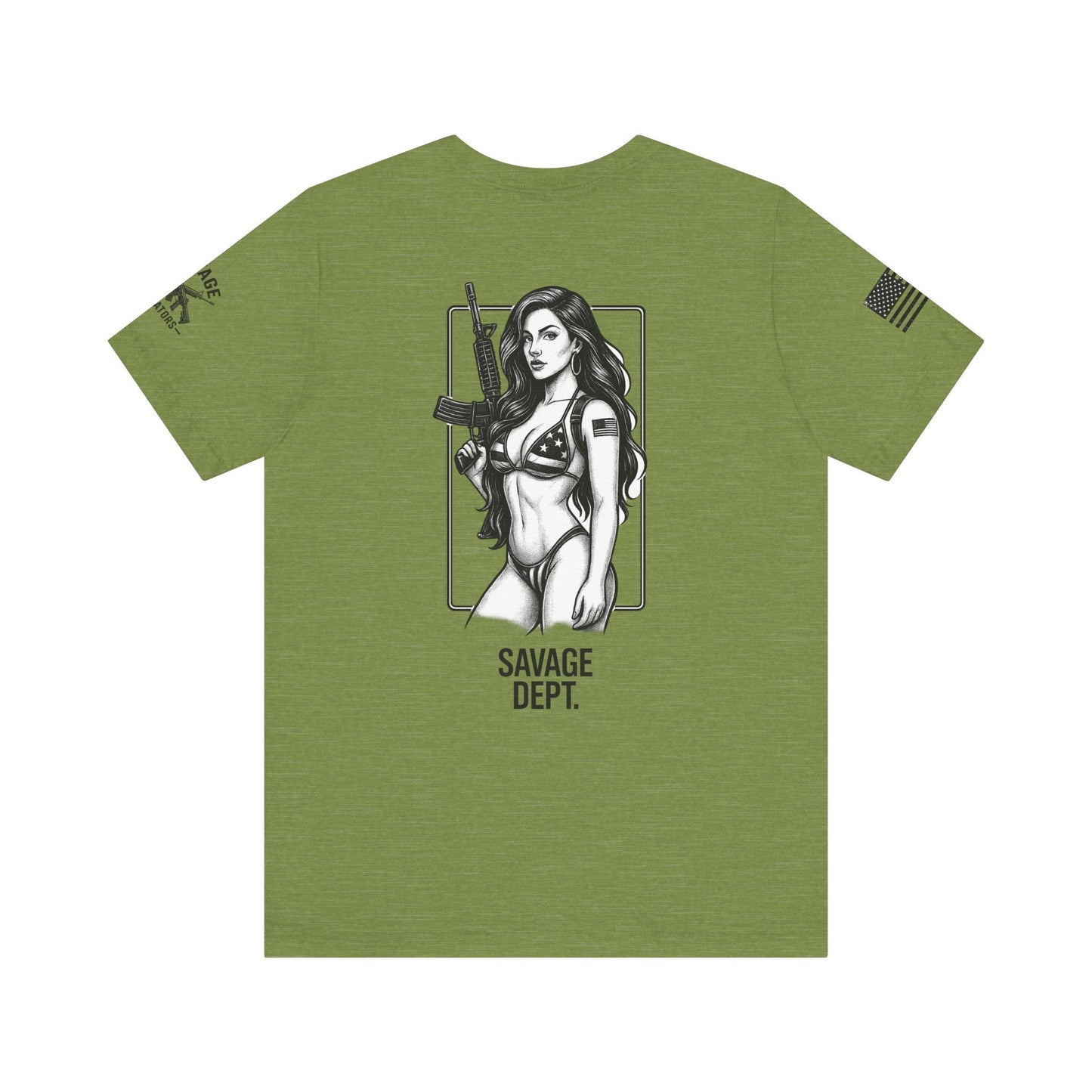 Savage Dept. Pin - Up Tee – Tactical Bikini Girl Shirt for Gun Guys, Patriots, and Alpha Rebels with Attitude - Savage Operators Tactical Tee | T-Shirt | Savage Operators Clothing | Patriotic Apparel | Military Humor | High Quality Heather Green