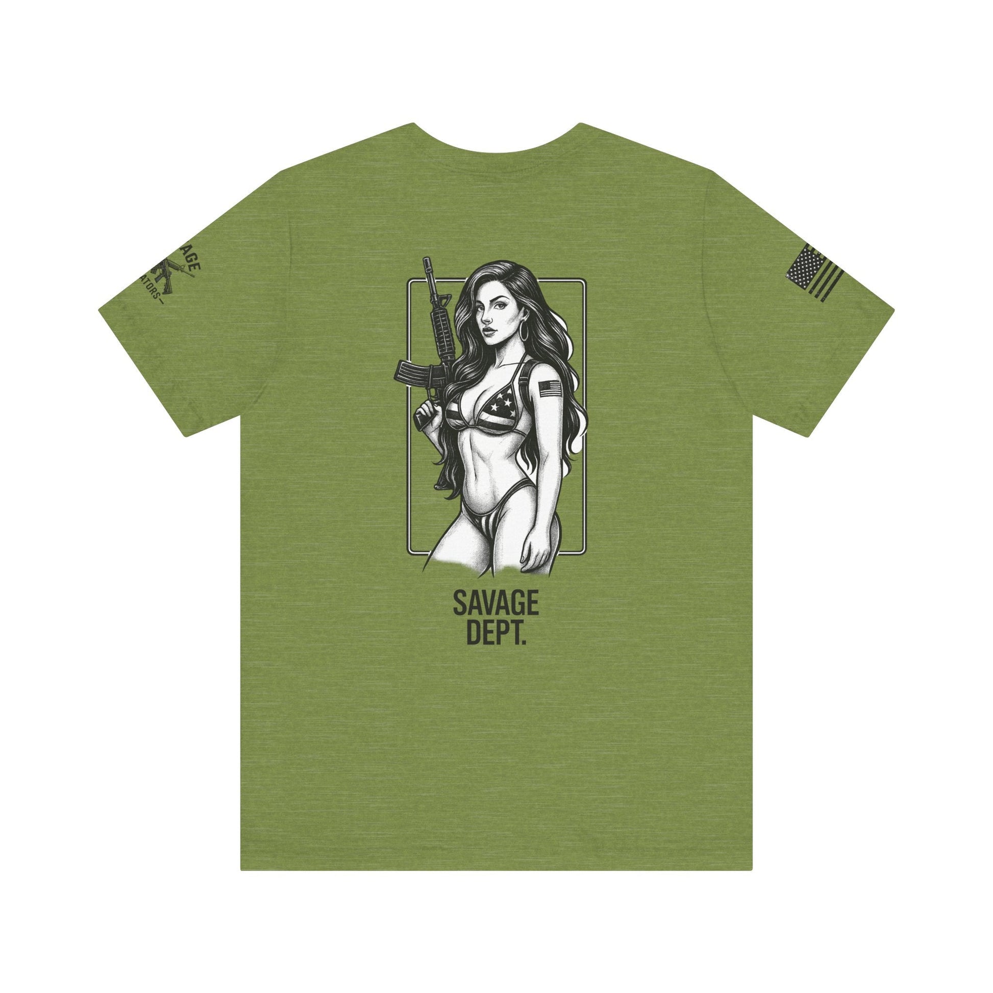Savage Dept. Pin - Up Tee – Tactical Bikini Girl Shirt for Gun Guys, Patriots, and Alpha Rebels with Attitude - Savage Operators Tactical Tee | T-Shirt | Savage Operators Clothing | Patriotic Apparel | Military Humor | High Quality Heather Green