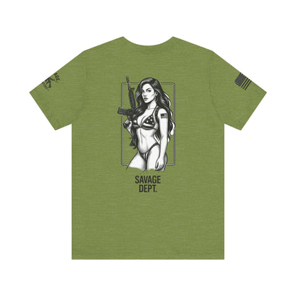 Savage Dept. Pin - Up Tee – Tactical Bikini Girl Shirt for Gun Guys, Patriots, and Alpha Rebels with Attitude - Savage Operators Tactical Tee | T-Shirt | Savage Operators Clothing | Patriotic Apparel | Military Humor | High Quality Heather Green