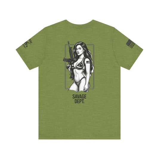 Savage Dept. Pin - Up Tee – Tactical Bikini Girl Shirt for Gun Guys, Patriots, and Alpha Rebels with Attitude - Savage Operators Tactical Tee | T-Shirt | Savage Operators Clothing | Patriotic Apparel | Military Humor | High Quality Heather Green