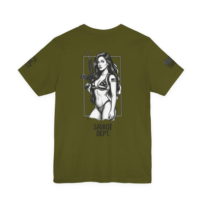 Savage Dept. Pin - Up Tee – Tactical Bikini Girl Shirt for Gun Guys, Patriots, and Alpha Rebels with Attitude - Savage Operators Tactical Tee | T-Shirt | Savage Operators Clothing | Patriotic Apparel | Military Humor | High Quality Military Green