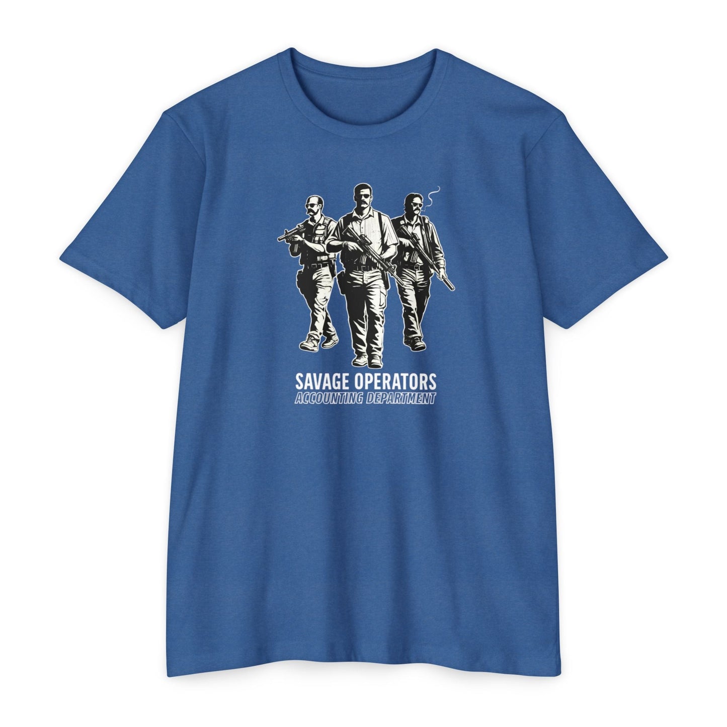 Savage Operators Accounting Department — Tactical Vintage Military Operator Graphic - Savage Operators Tactical Tee | T-Shirt | Savage Operators Clothing | Patriotic Apparel | Military Humor | High Quality Heather Cool Blue