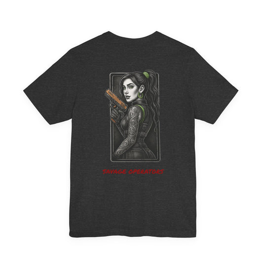 Savage Operators Angel Girl 1 Graphic Tee, Premium High Quality - BACK PRINT - Savage Operators Tactical Tee | T-Shirt | Savage Operators Clothing | Patriotic Apparel | Military Humor | High Quality Dark Grey Heather