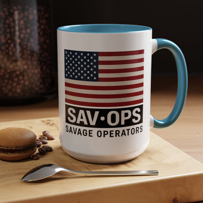 Savage Operators Coffee Mug — American Flag Accent 16oz - Savage Operators Tactical Tee | Mug | Savage Operators Clothing | Patriotic Apparel | Military Humor | High Quality 15oz