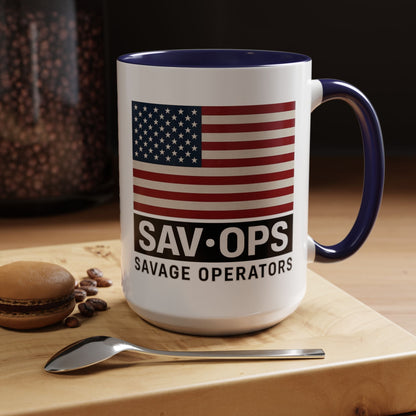 Savage Operators Coffee Mug — American Flag Accent 16oz - Savage Operators Tactical Tee | Mug | Savage Operators Clothing | Patriotic Apparel | Military Humor | High Quality 15oz