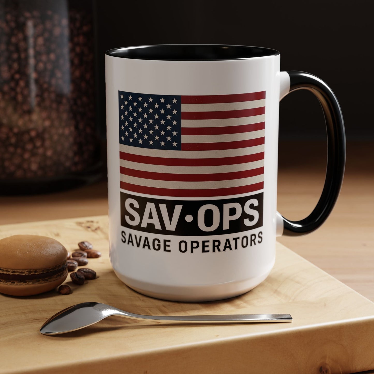 Savage Operators Coffee Mug — American Flag Accent 16oz - Savage Operators Tactical Tee | Mug | Savage Operators Clothing | Patriotic Apparel | Military Humor | High Quality 15oz