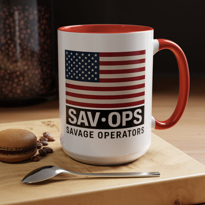 Savage Operators Coffee Mug — American Flag Accent 16oz - Savage Operators Tactical Tee | Mug | Savage Operators Clothing | Patriotic Apparel | Military Humor | High Quality 15oz