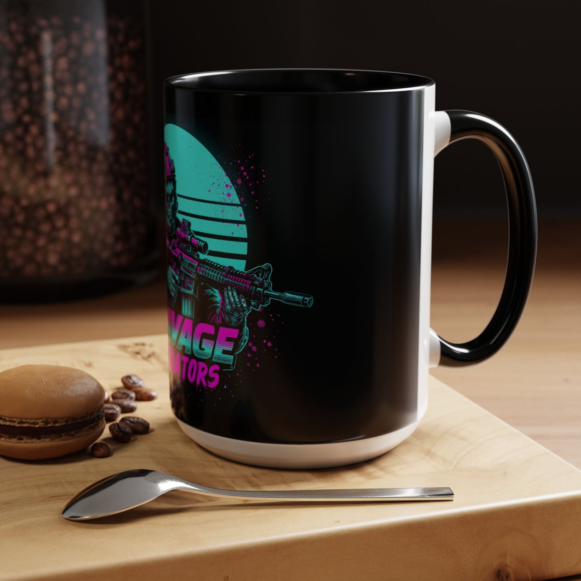 Savage Operators Coffee Mug — Neon Retro Tactical Skull Design 16oz - Savage Operators Tactical Tee | Mug | Savage Operators Clothing | Patriotic Apparel | Military Humor | High Quality 15oz