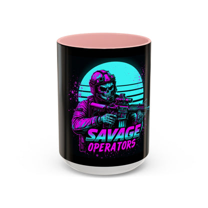 Savage Operators Coffee Mug — Neon Retro Tactical Skull Design 16oz - Savage Operators Tactical Tee | Mug | Savage Operators Clothing | Patriotic Apparel | Military Humor | High Quality 15oz