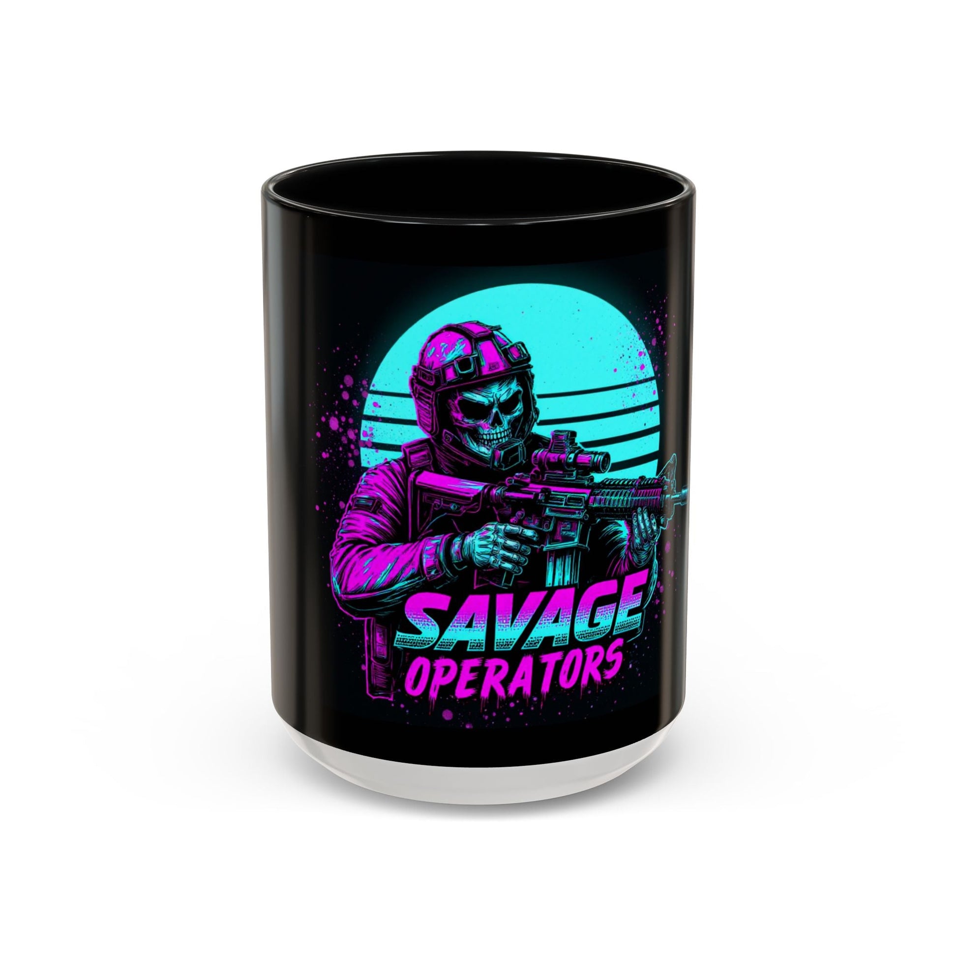 Savage Operators Coffee Mug — Neon Retro Tactical Skull Design 16oz - Savage Operators Tactical Tee | Mug | Savage Operators Clothing | Patriotic Apparel | Military Humor | High Quality 15oz