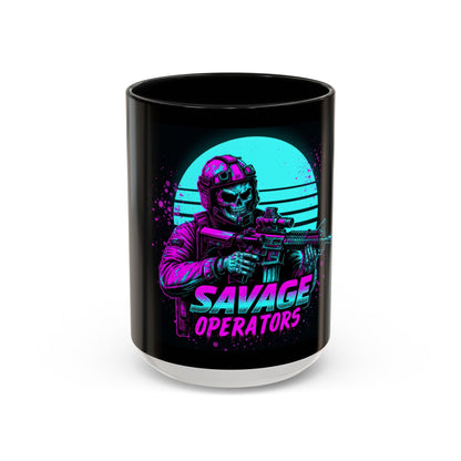 Savage Operators Coffee Mug — Neon Retro Tactical Skull Design 16oz - Savage Operators Tactical Tee | Mug | Savage Operators Clothing | Patriotic Apparel | Military Humor | High Quality 15oz