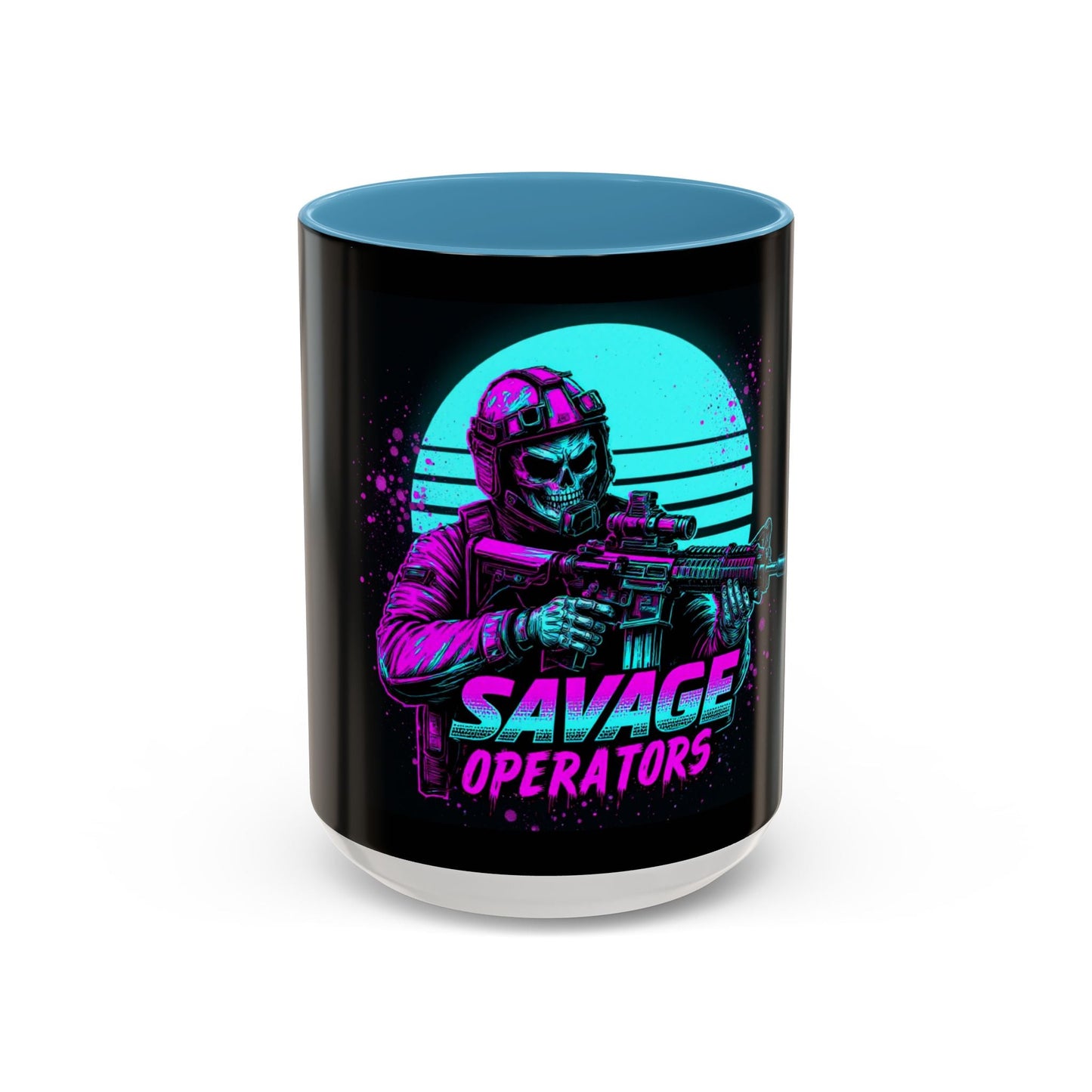 Savage Operators Coffee Mug — Neon Retro Tactical Skull Design 16oz - Savage Operators Tactical Tee | Mug | Savage Operators Clothing | Patriotic Apparel | Military Humor | High Quality 15oz