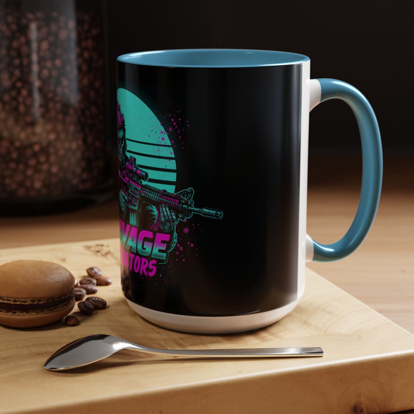 Savage Operators Coffee Mug — Neon Retro Tactical Skull Design 16oz - Savage Operators Tactical Tee | Mug | Savage Operators Clothing | Patriotic Apparel | Military Humor | High Quality 15oz