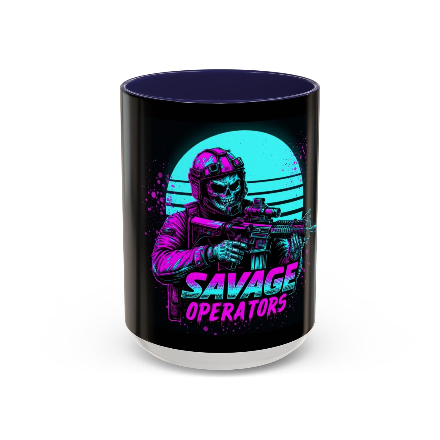 Savage Operators Coffee Mug — Neon Retro Tactical Skull Design 16oz - Savage Operators Tactical Tee | Mug | Savage Operators Clothing | Patriotic Apparel | Military Humor | High Quality 15oz