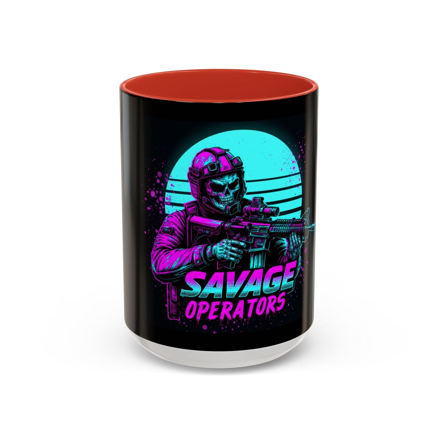 Savage Operators Coffee Mug — Neon Retro Tactical Skull Design 16oz - Savage Operators Tactical Tee | Mug | Savage Operators Clothing | Patriotic Apparel | Military Humor | High Quality 15oz