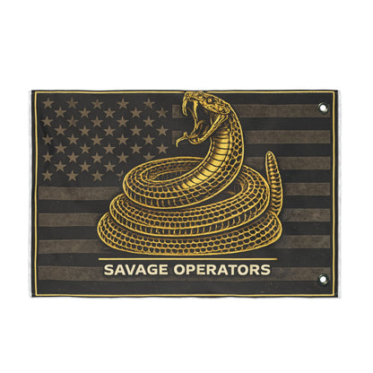 Savage Operators Flag — Gold Rattlesnake on Distressed American Flag (Double - Sided) - Savage Operators Tactical Tee | Home Decor | Savage Operators Clothing | Patriotic Apparel | Military Humor | High Quality 12'' × 18''