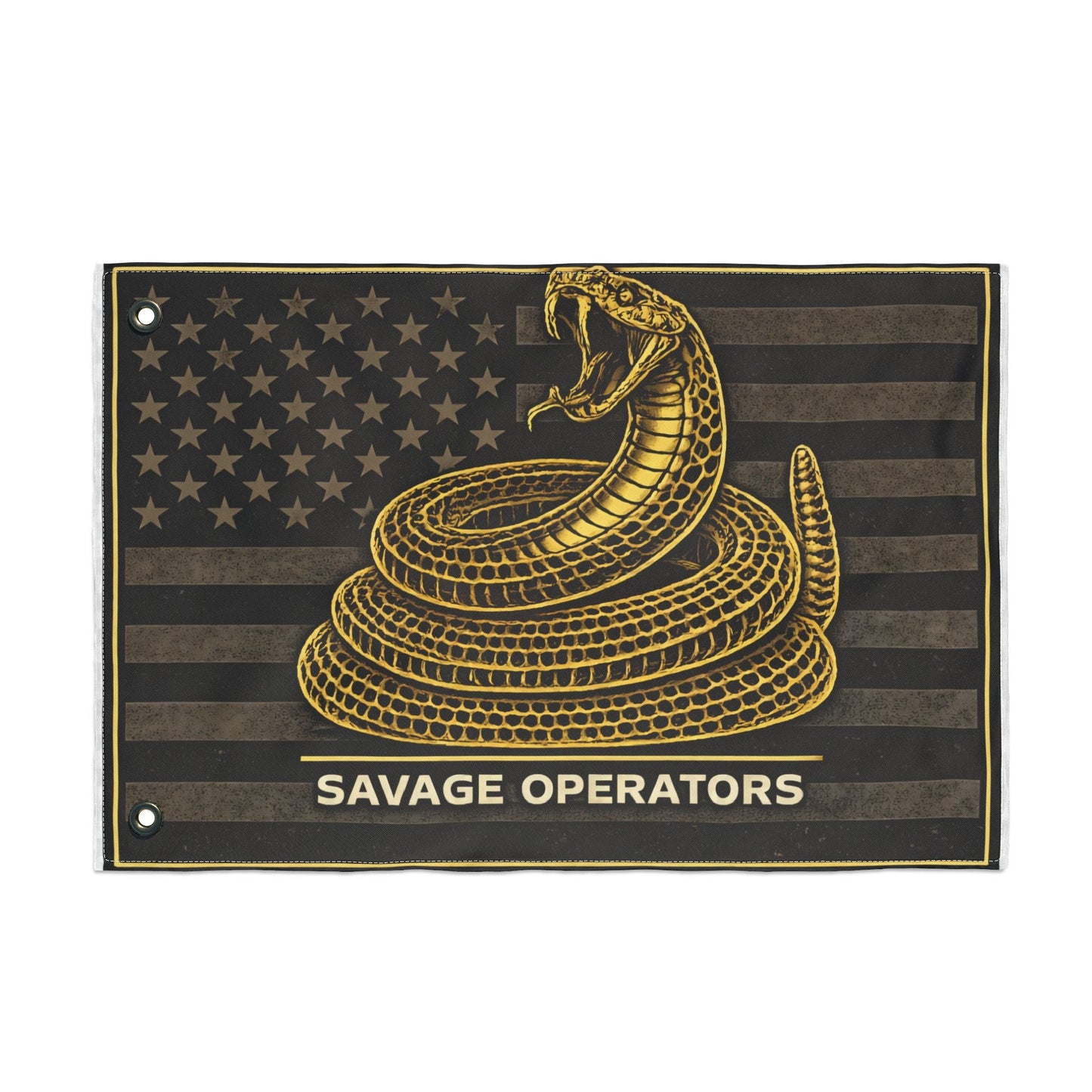 Savage Operators Flag — Gold Rattlesnake on Distressed American Flag (Double - Sided) - Savage Operators Tactical Tee | Home Decor | Savage Operators Clothing | Patriotic Apparel | Military Humor | High Quality 12'' × 18''