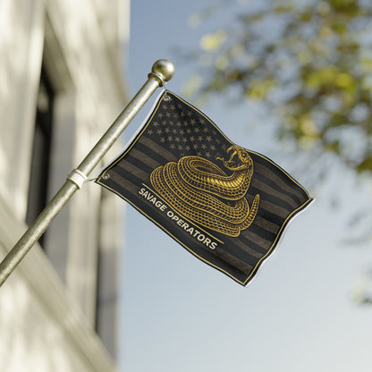 Savage Operators Flag — Gold Rattlesnake on Distressed American Flag (Double - Sided) - Savage Operators Tactical Tee | Home Decor | Savage Operators Clothing | Patriotic Apparel | Military Humor | High Quality 12'' × 18''