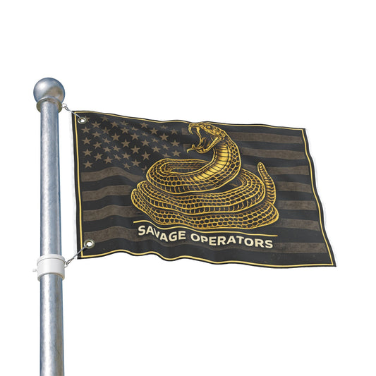 Savage Operators Flag — Gold Rattlesnake on Distressed American Flag (Double - Sided) - Savage Operators Tactical Tee | Home Decor | Savage Operators Clothing | Patriotic Apparel | Military Humor | High Quality 12'' × 18''