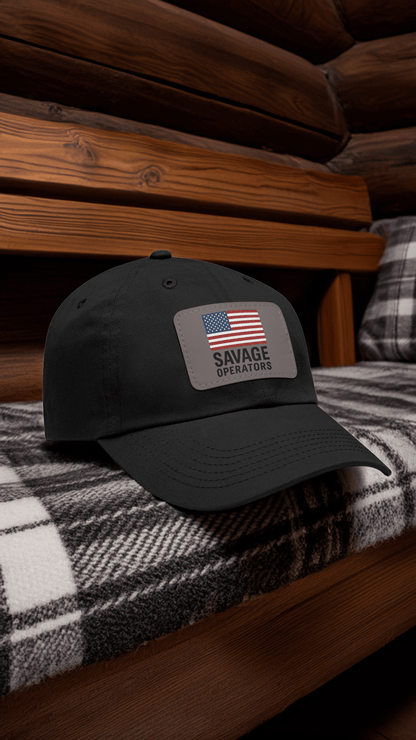 Savage Operators Flag Hat – Leather Patch American Flag Cap (Multi - Color Options) - Savage Operators Tactical Tee | Hats | Savage Operators Clothing | Patriotic Apparel | Military Humor | High Quality Red / Grey patch