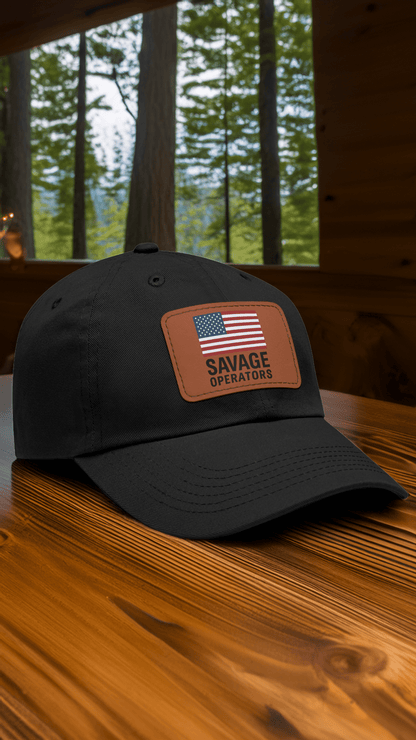 Savage Operators Flag Hat – Leather Patch American Flag Cap (Multi - Color Options) - Savage Operators Tactical Tee | Hats | Savage Operators Clothing | Patriotic Apparel | Military Humor | High Quality Red / Grey patch