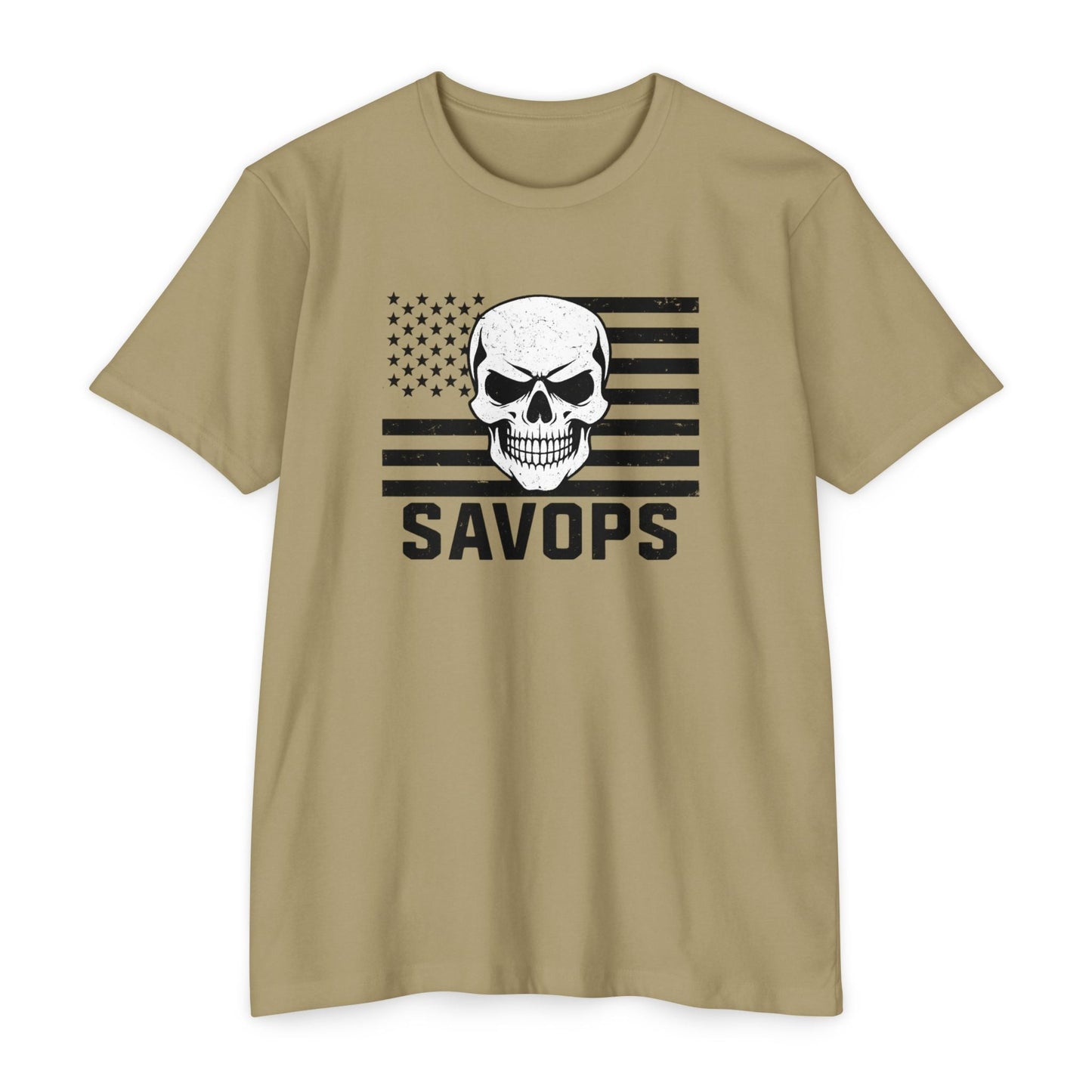 Savage Operators Patriotic Skull Black American Flag Shirt – Military Style Apparel Tactical Tee Front Print - Savage Operators Tactical Tee | T-Shirt | Savage Operators Clothing | Patriotic Apparel | Military Humor | High Quality CVC Light Olive