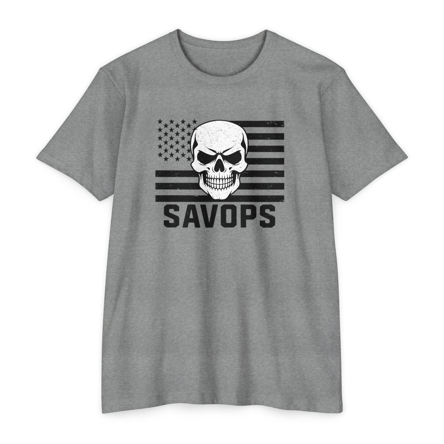 Savage Operators Patriotic Skull Black American Flag Shirt – Military Style Apparel Tactical Tee Front Print - Savage Operators Tactical Tee | T-Shirt | Savage Operators Clothing | Patriotic Apparel | Military Humor | High Quality Dark Heather Grey