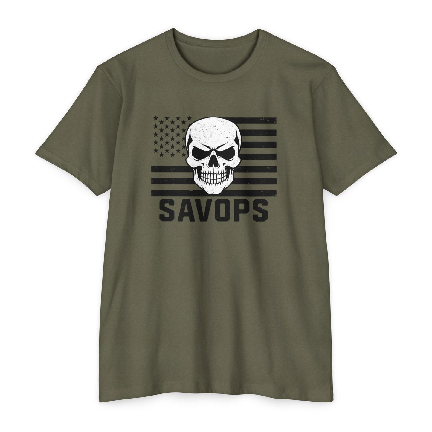 Savage Operators Patriotic Skull Black American Flag Shirt – Military Style Apparel Tactical Tee Front Print - Savage Operators Tactical Tee | T-Shirt | Savage Operators Clothing | Patriotic Apparel | Military Humor | High Quality CVC Military Green