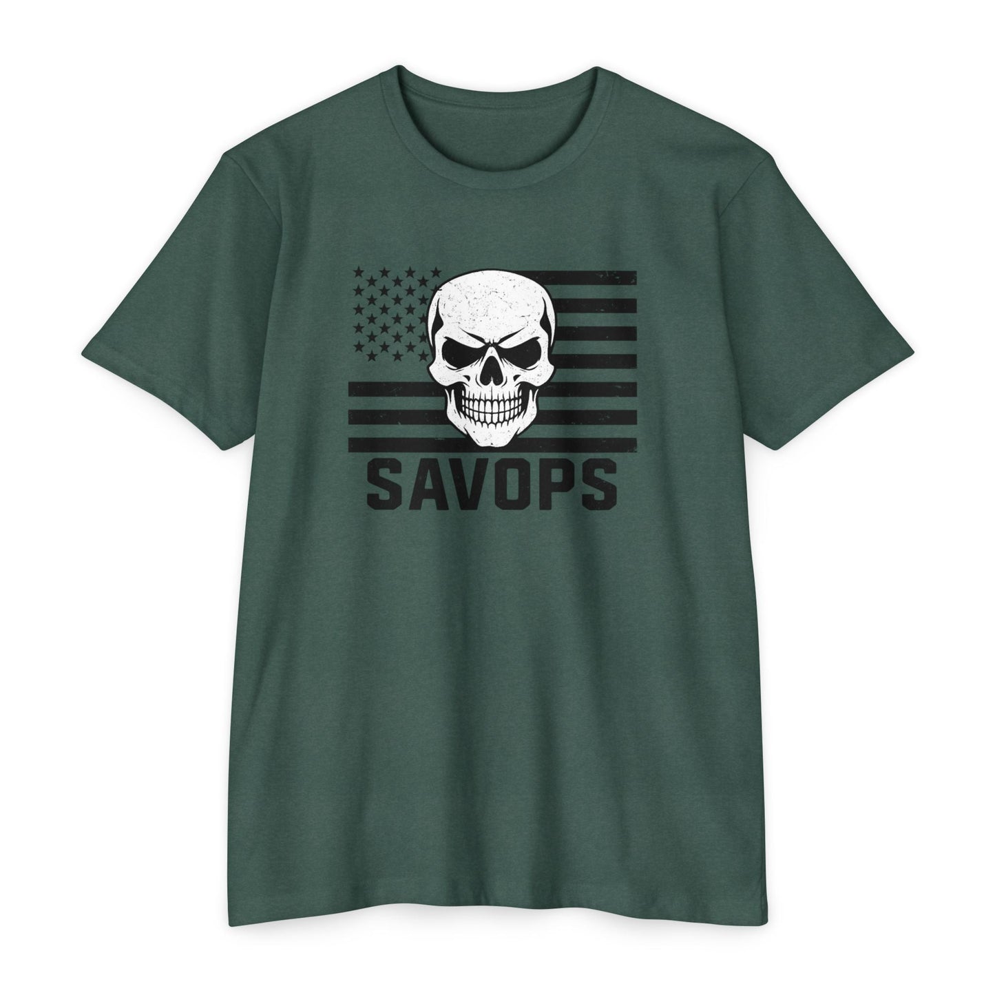 Savage Operators Patriotic Skull Black American Flag Shirt – Military Style Apparel Tactical Tee Front Print - Savage Operators Tactical Tee | T-Shirt | Savage Operators Clothing | Patriotic Apparel | Military Humor | High Quality Heather Forest Green