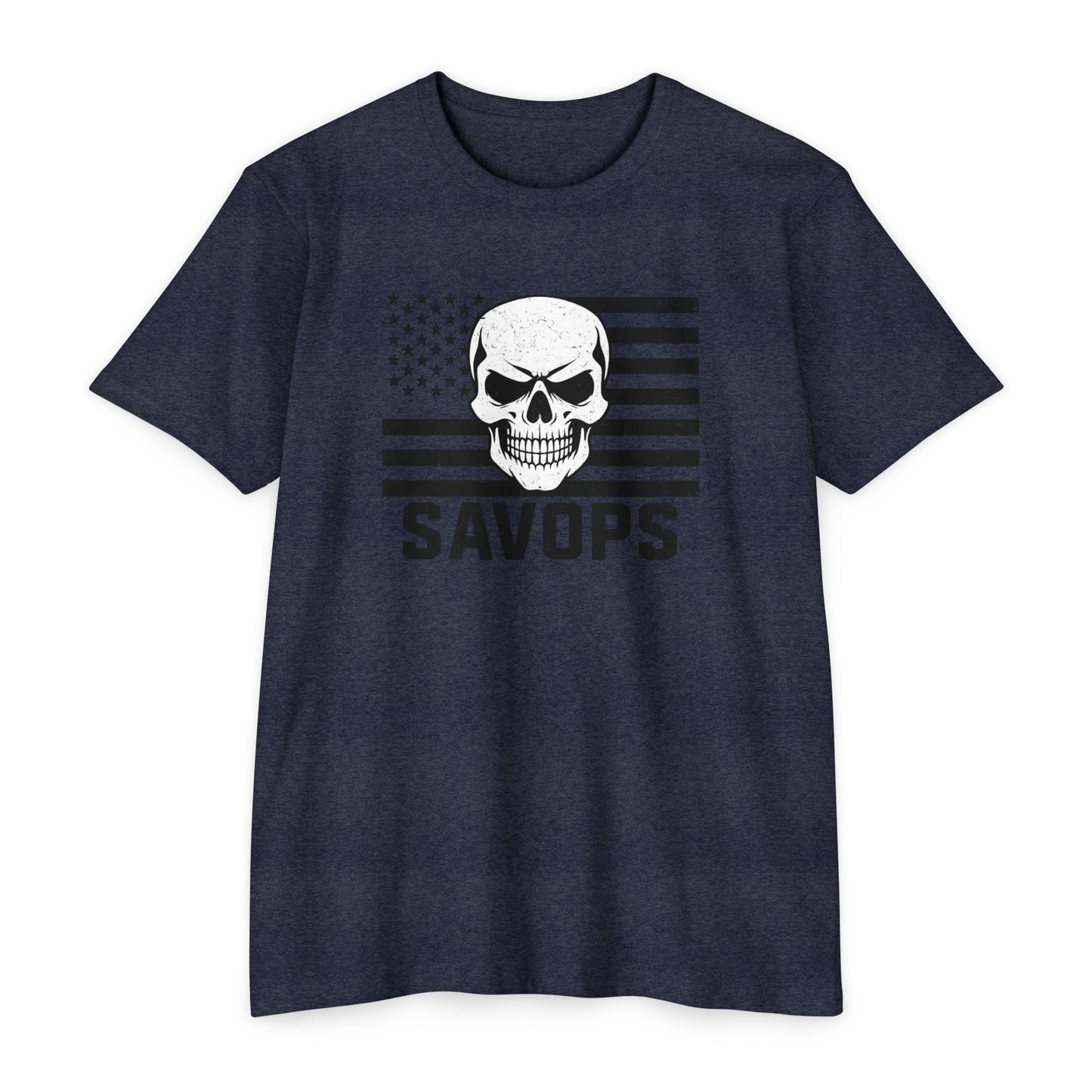 Savage Operators Patriotic Skull Black American Flag Shirt – Military Style Apparel Tactical Tee Front Print - Savage Operators Tactical Tee | T-Shirt | Savage Operators Clothing | Patriotic Apparel | Military Humor | High Quality CVC Midnight Navy