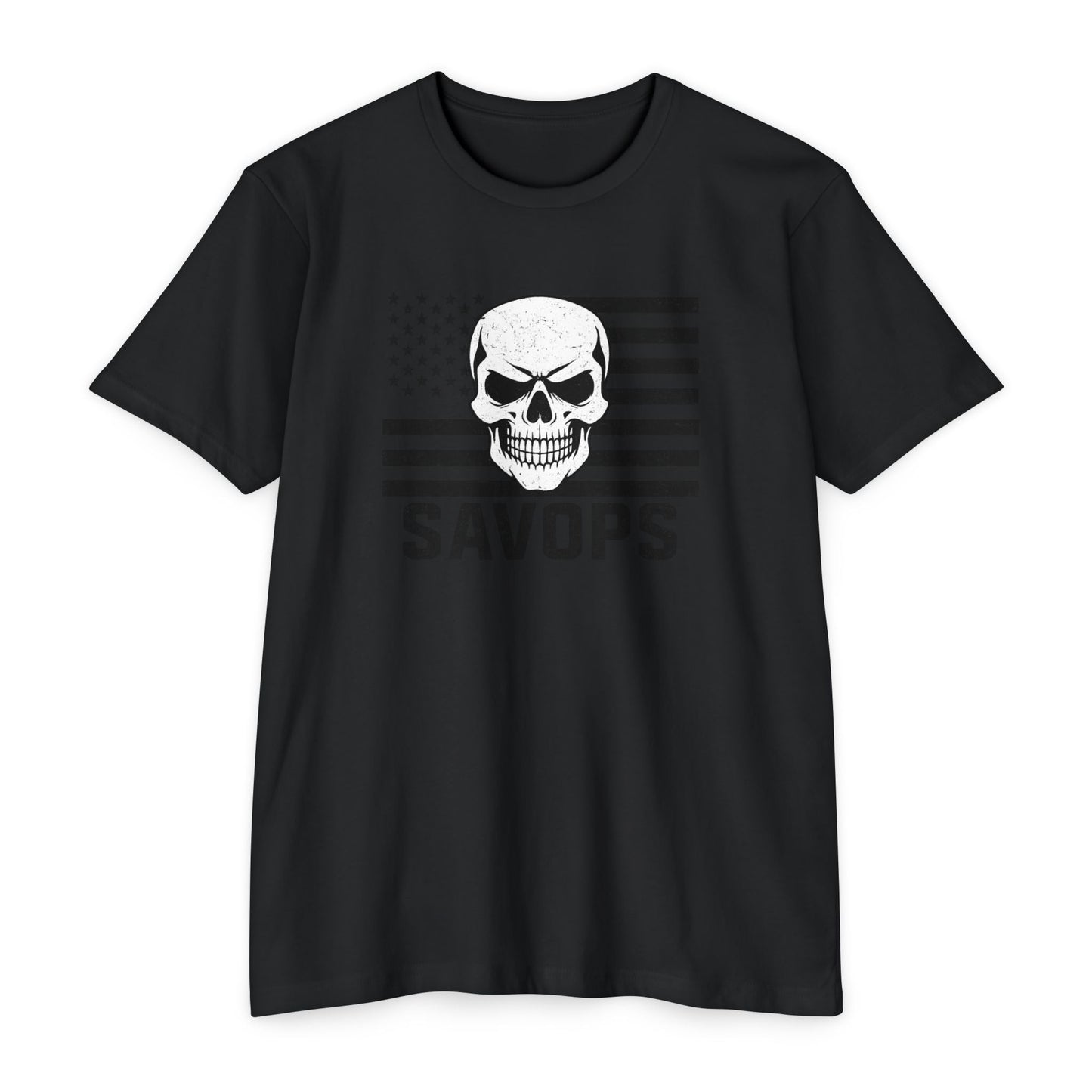 Savage Operators Patriotic Skull Black American Flag Shirt – Military Style Apparel Tactical Tee Front Print - Savage Operators Tactical Tee | T-Shirt | Savage Operators Clothing | Patriotic Apparel | Military Humor | High Quality CVC Black