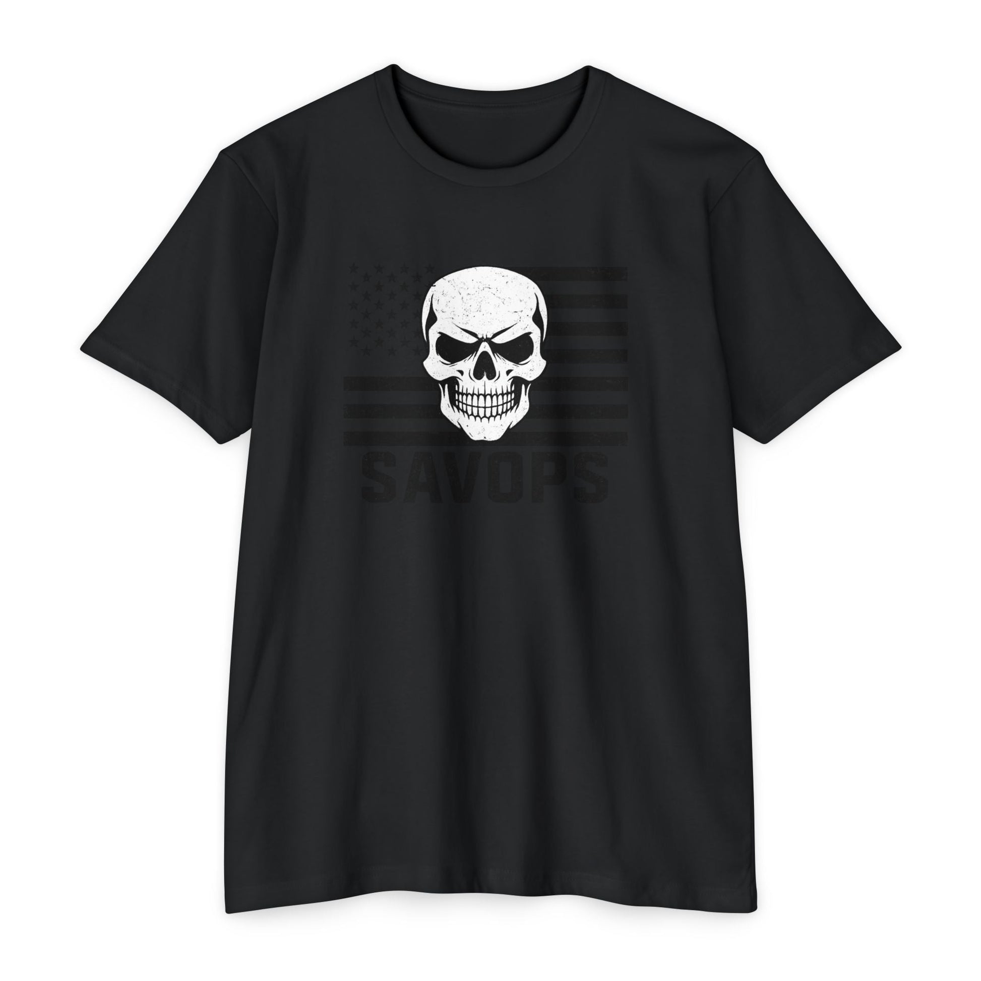 Savage Operators Patriotic Skull Black American Flag Shirt – Military Style Apparel Tactical Tee Front Print - Savage Operators Tactical Tee | T-Shirt | Savage Operators Clothing | Patriotic Apparel | Military Humor | High Quality CVC Black