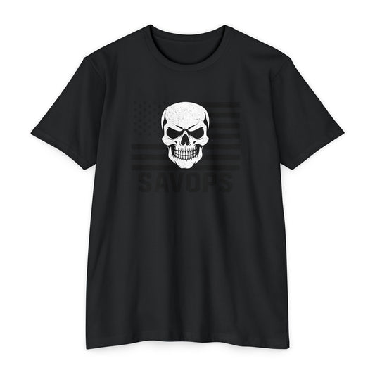 Savage Operators Patriotic Skull Black American Flag Shirt – Military Style Apparel Tactical Tee Front Print - Savage Operators Tactical Tee | T-Shirt | Savage Operators Clothing | Patriotic Apparel | Military Humor | High Quality CVC Black