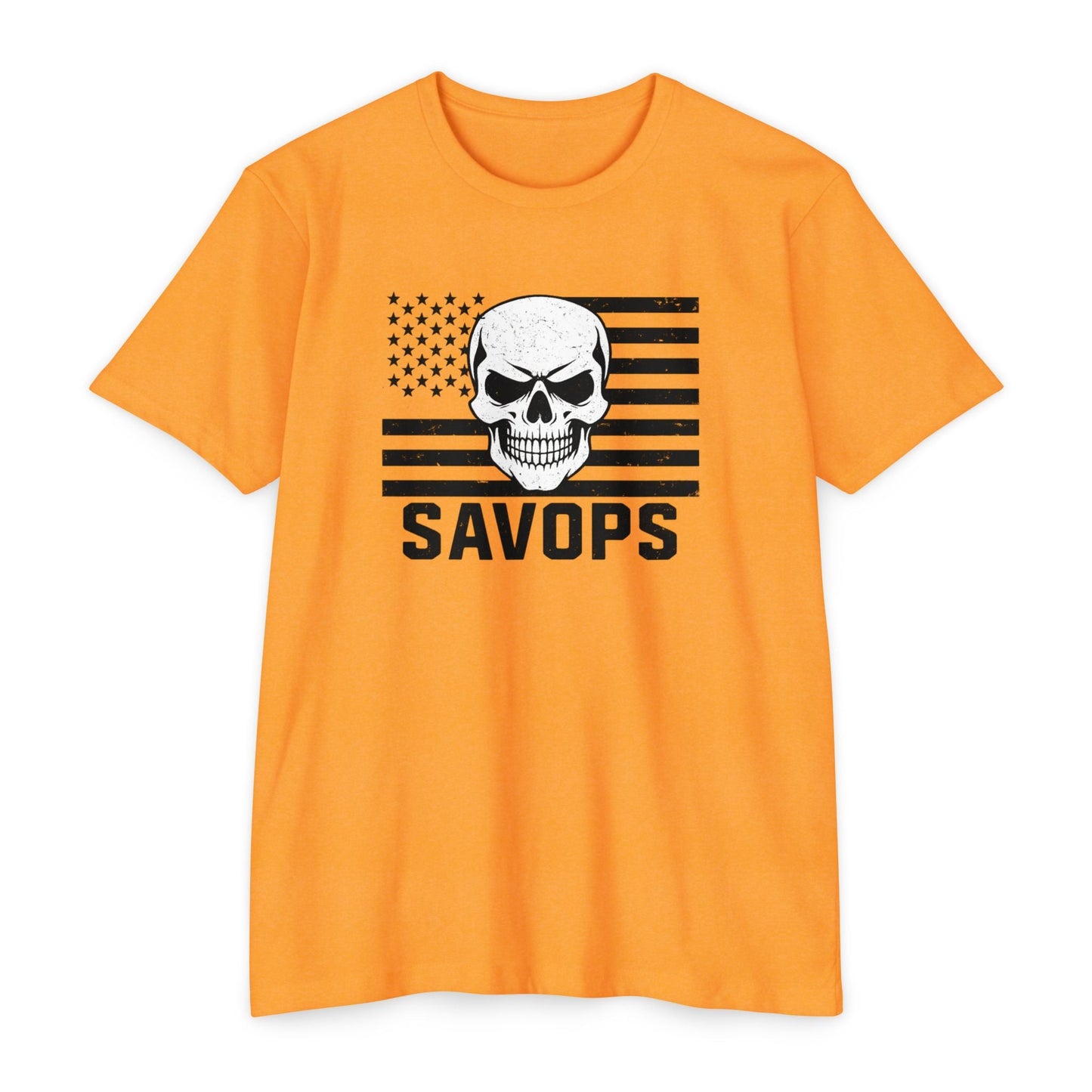 Savage Operators Patriotic Skull Black American Flag Shirt – Military Style Apparel Tactical Tee Front Print - Savage Operators Tactical Tee | T-Shirt | Savage Operators Clothing | Patriotic Apparel | Military Humor | High Quality CVC Orange