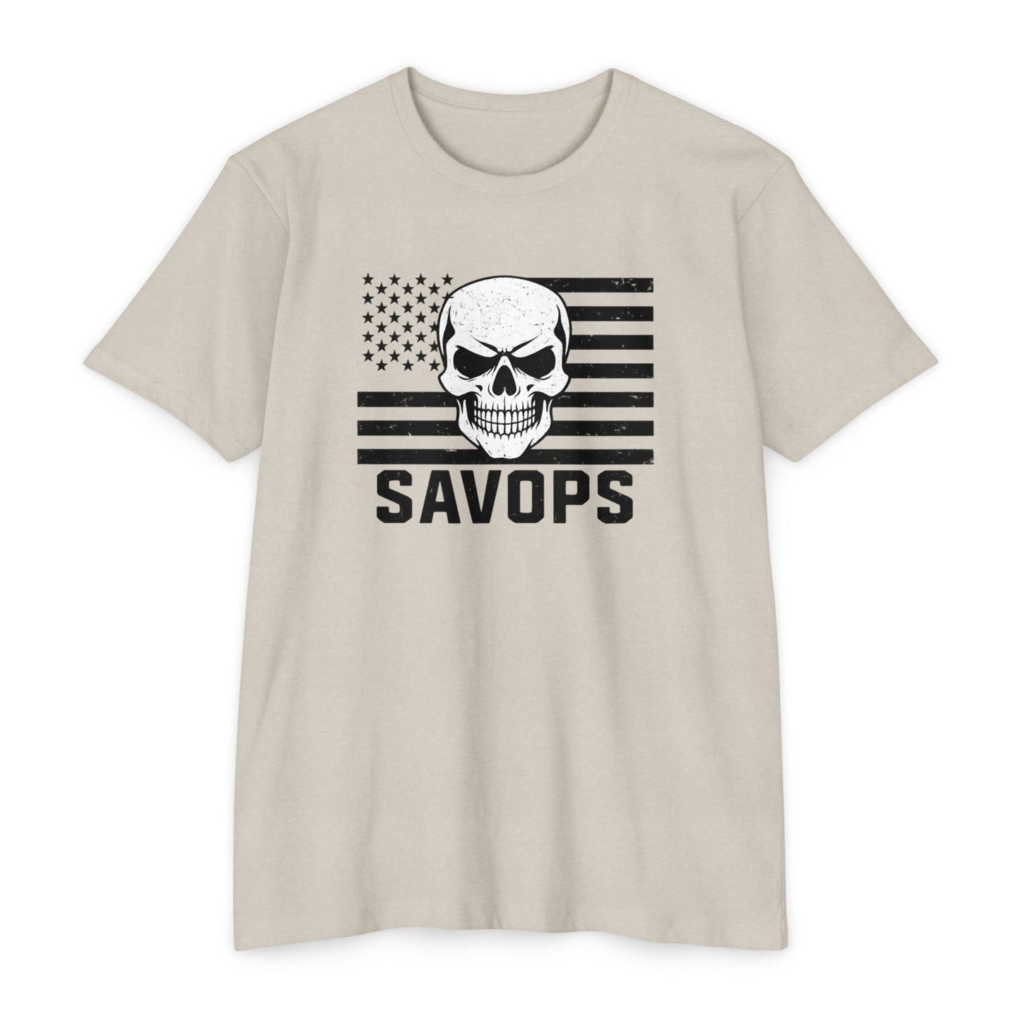 Savage Operators Patriotic Skull Black American Flag Shirt – Military Style Apparel Tactical Tee Front Print - Savage Operators Tactical Tee | T-Shirt | Savage Operators Clothing | Patriotic Apparel | Military Humor | High Quality CVC Sand