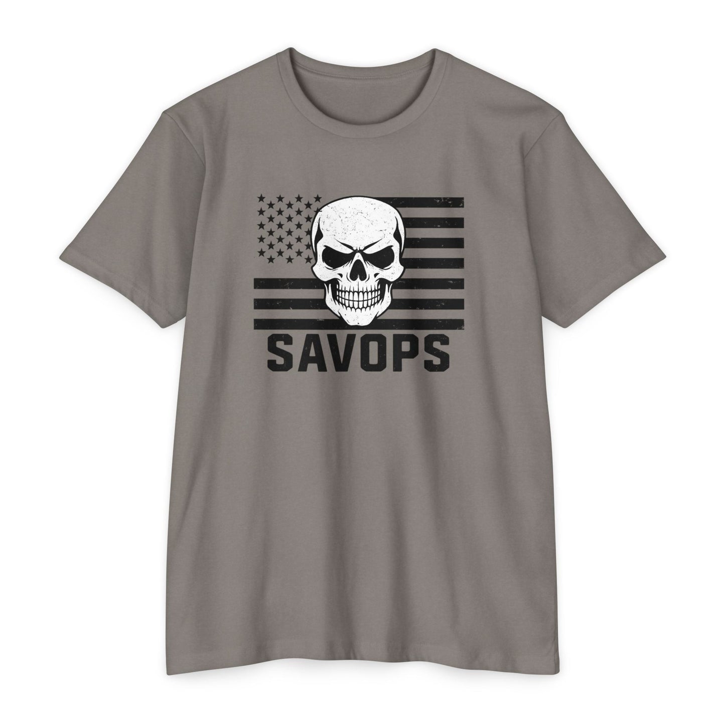 Savage Operators Patriotic Skull Black American Flag Shirt – Military Style Apparel Tactical Tee Front Print - Savage Operators Tactical Tee | T-Shirt | Savage Operators Clothing | Patriotic Apparel | Military Humor | High Quality CVC Stone Gray