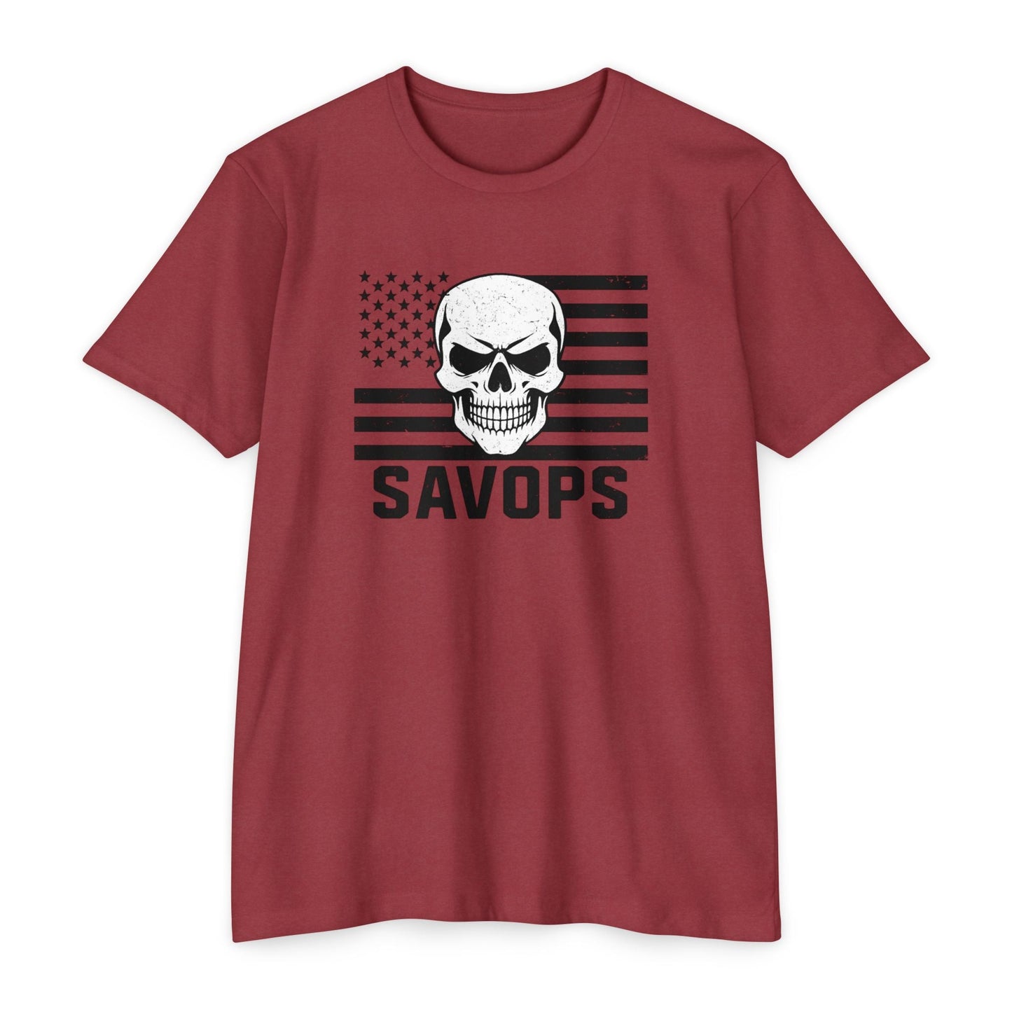 Savage Operators Patriotic Skull Black American Flag Shirt – Military Style Apparel Tactical Tee Front Print - Savage Operators Tactical Tee | T-Shirt | Savage Operators Clothing | Patriotic Apparel | Military Humor | High Quality CVC Cardinal