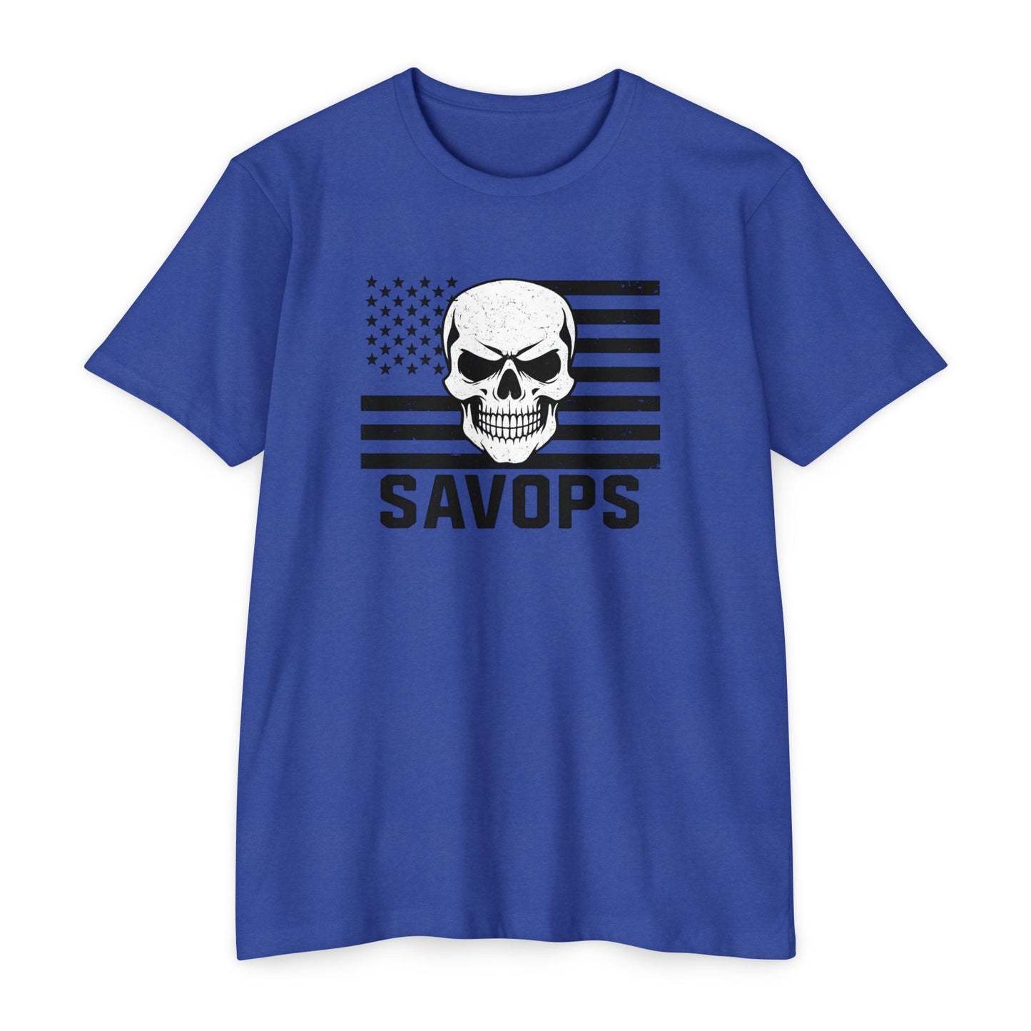 Savage Operators Patriotic Skull Black American Flag Shirt – Military Style Apparel Tactical Tee Front Print - Savage Operators Tactical Tee | T-Shirt | Savage Operators Clothing | Patriotic Apparel | Military Humor | High Quality CVC Royal