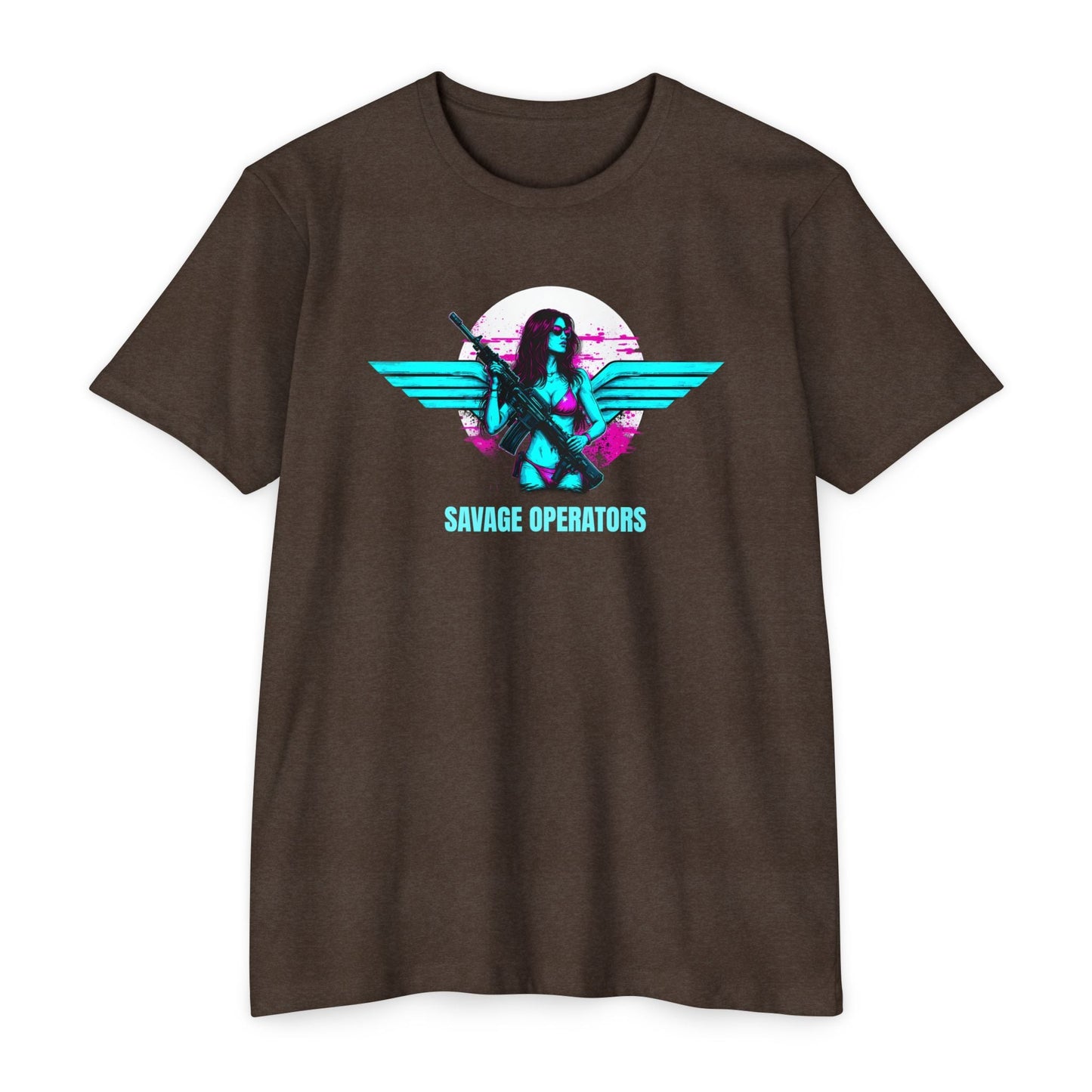 Savage Operators Retro Neon SavOps Angel T-Shirt - Savage Operators Tactical Tee | T-Shirt | Savage Operators Clothing | Patriotic Apparel | Military Humor | High Quality CVC Espresso