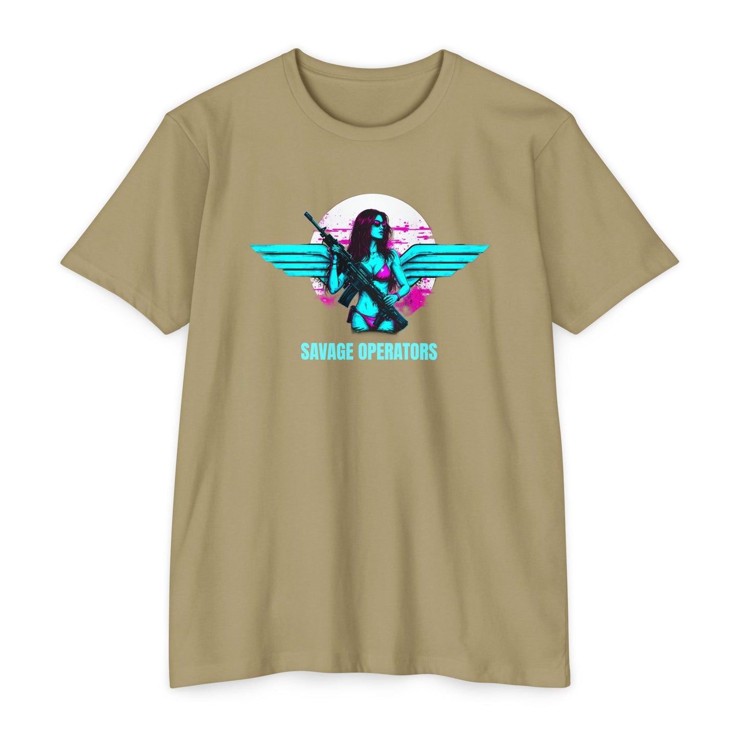 Savage Operators Retro Neon SavOps Angel T-Shirt - Savage Operators Tactical Tee | T-Shirt | Savage Operators Clothing | Patriotic Apparel | Military Humor | High Quality CVC Light Olive