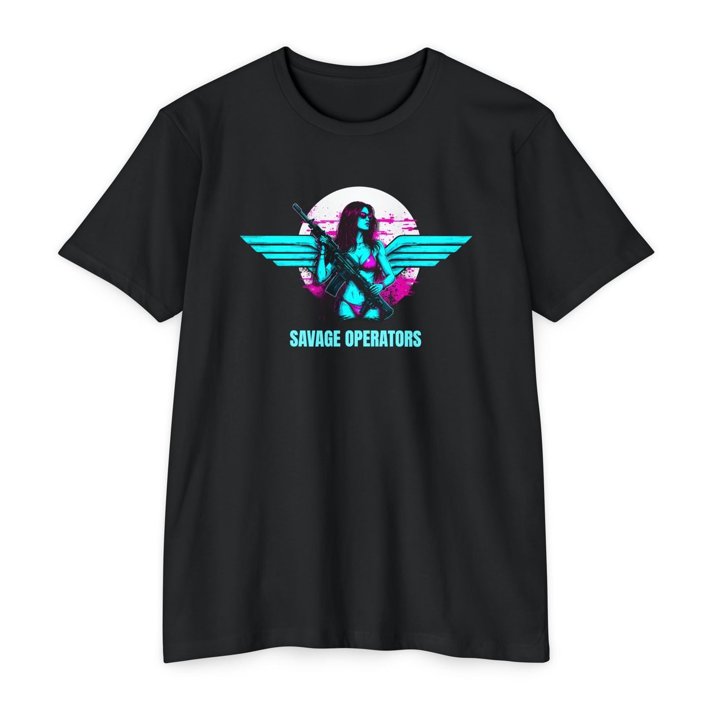 Savage Operators Retro Neon SavOps Angel T-Shirt - Savage Operators Tactical Tee | T-Shirt | Savage Operators Clothing | Patriotic Apparel | Military Humor | High Quality CVC Black