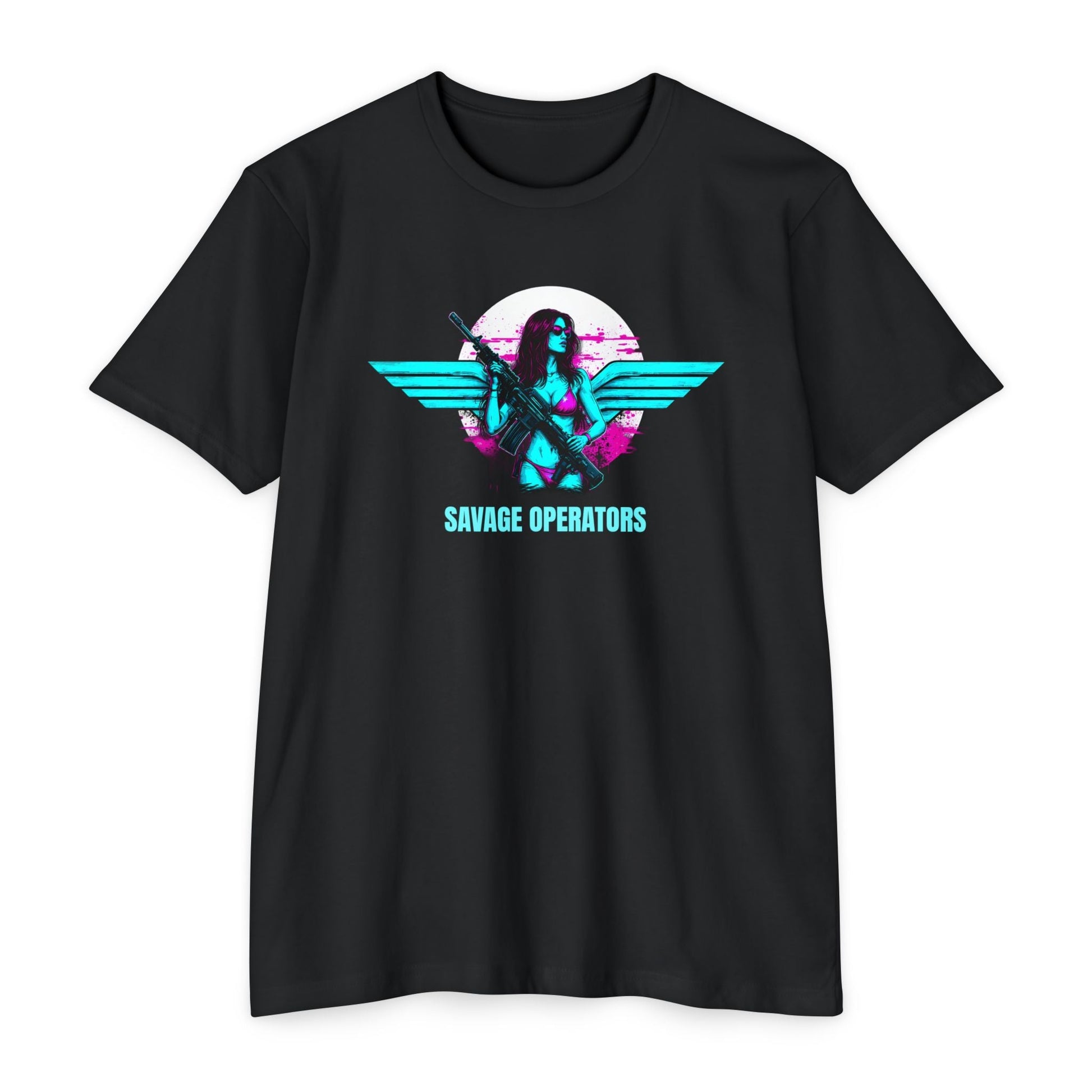 Savage Operators Retro Neon SavOps Angel T-Shirt - Savage Operators Tactical Tee | T-Shirt | Savage Operators Clothing | Patriotic Apparel | Military Humor | High Quality CVC Black