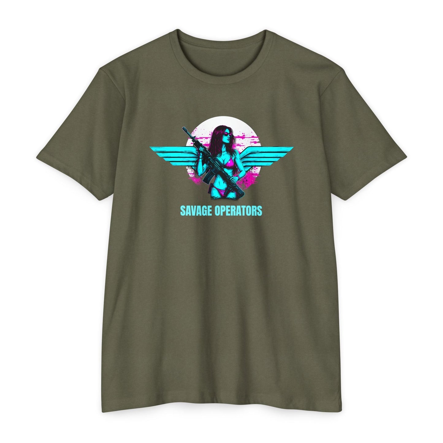 Savage Operators Retro Neon SavOps Angel T-Shirt - Savage Operators Tactical Tee | T-Shirt | Savage Operators Clothing | Patriotic Apparel | Military Humor | High Quality CVC Military Green